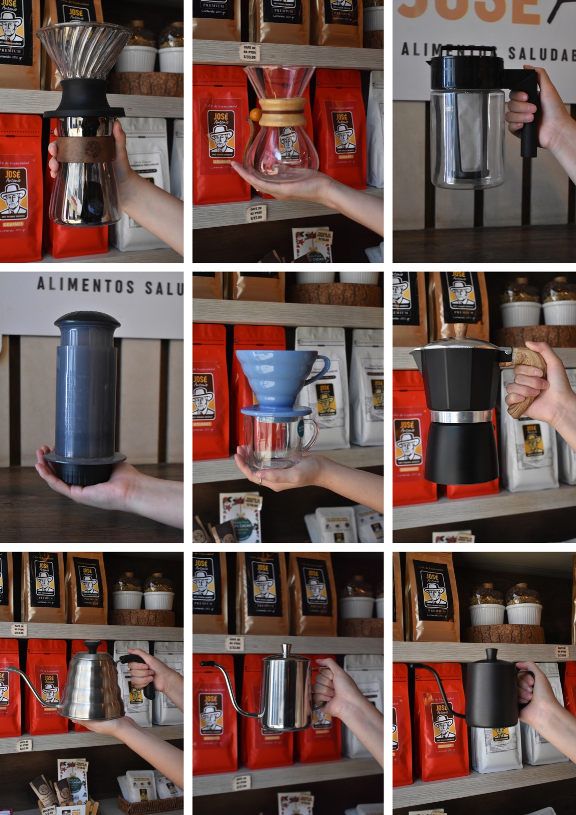 Collage de accesorios para preparación de café en casa.